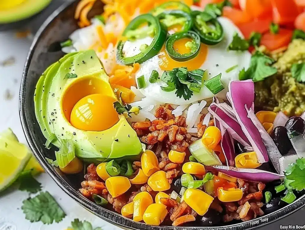 Easy taco rice bowl with colorful ingredients and toppings