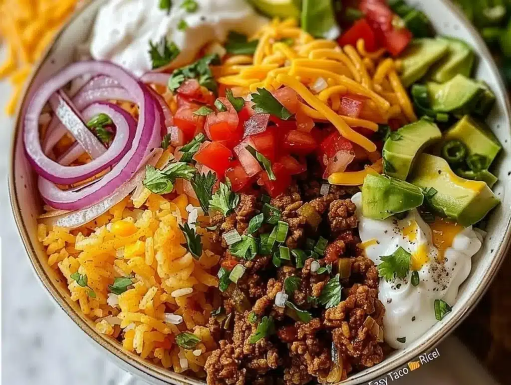 Delicious and colorful easy taco rice bowl topped with fresh ingredients.