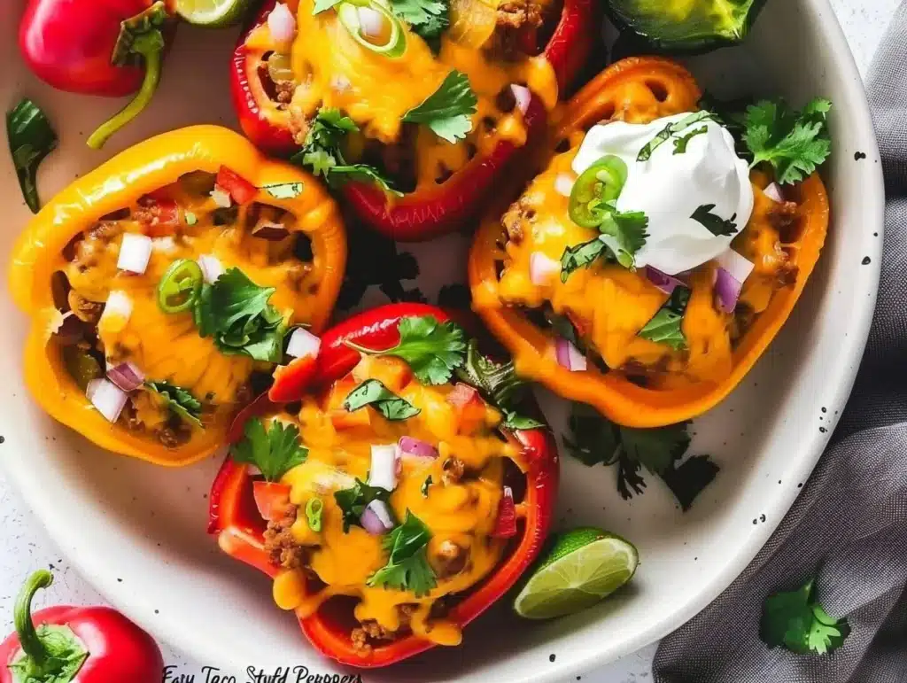 Colorful taco stuffed peppers filled with seasoned meat and cheese