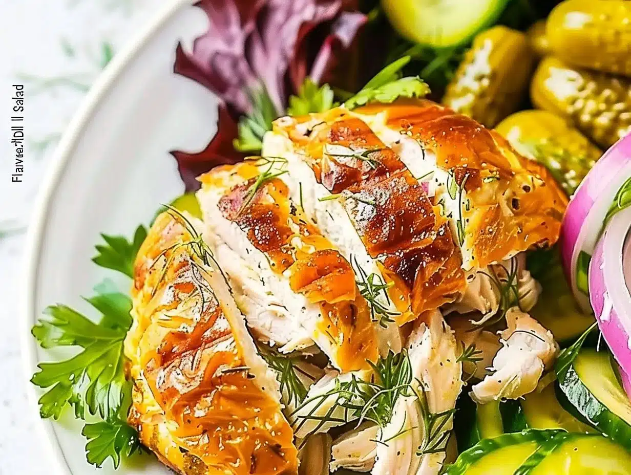 Flavored Dill Pickle Chicken Salad 1 Flavored dill pickle chicken salad with crunchy vegetables and creamy dressing