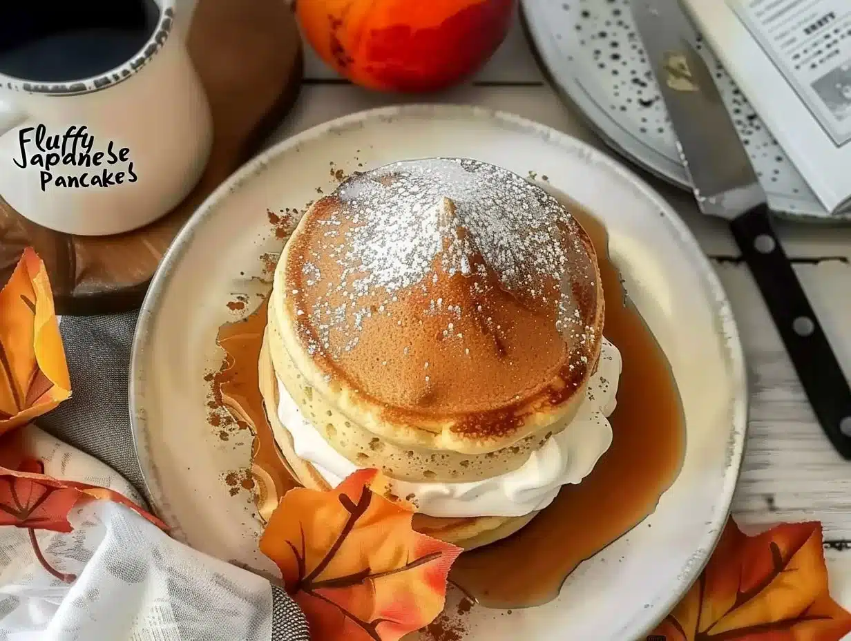 Fluffy Japanese soufflé pancakes topped with syrup and berries