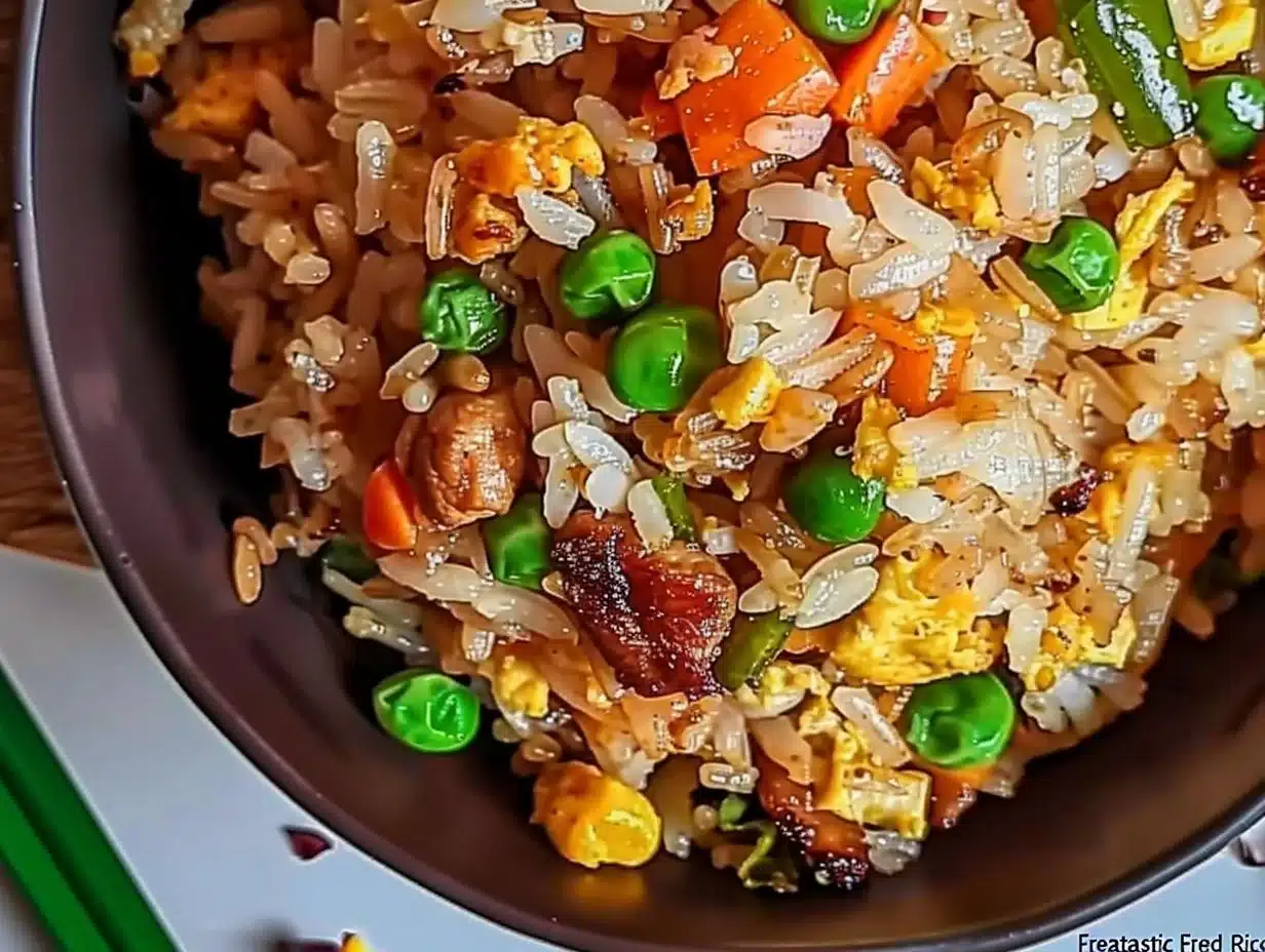 Bowl of vibrant and flavorful fried rice topped with vegetables and eggs.