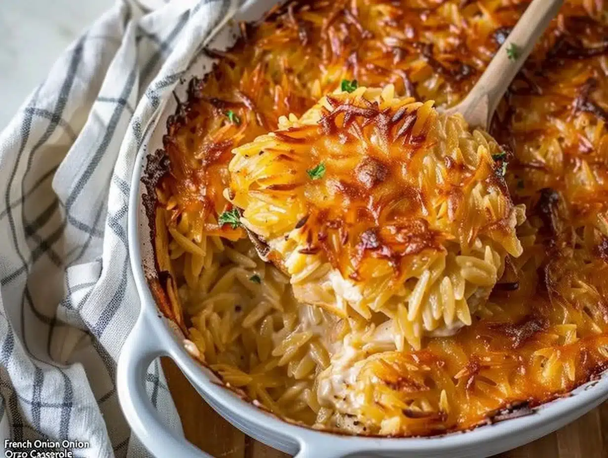 French Onion Chicken Orzo Casserole 1 French Onion Chicken Orzo Casserole topped with melted cheese and caramelized onions.