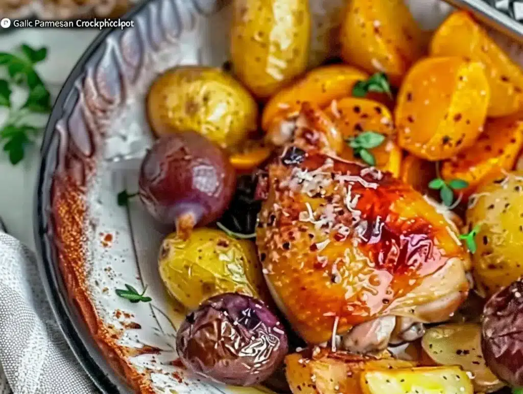 Garlic Parmesan Chicken and Potatoes cooked in a crockpot, served deliciously.