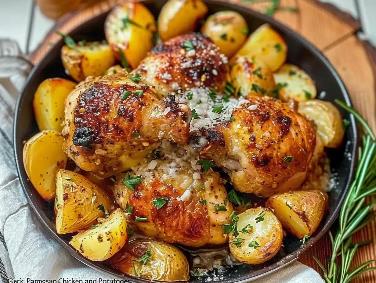Garlic Parmesan Crockpot Chicken and Potatoes 1 Crockpot Garlic Parmesan Chicken with Potatoes served on a plate