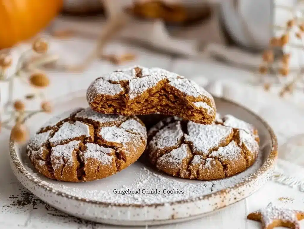 Delicious baked Gingerbread Crinkle Cookies with powdered sugar topping