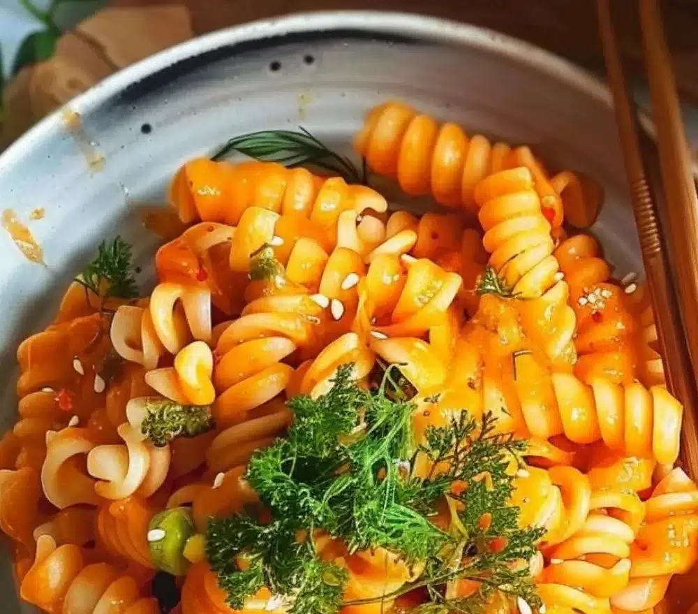 Plate of Gochujang Pasta topped with vegetables and sesame seeds