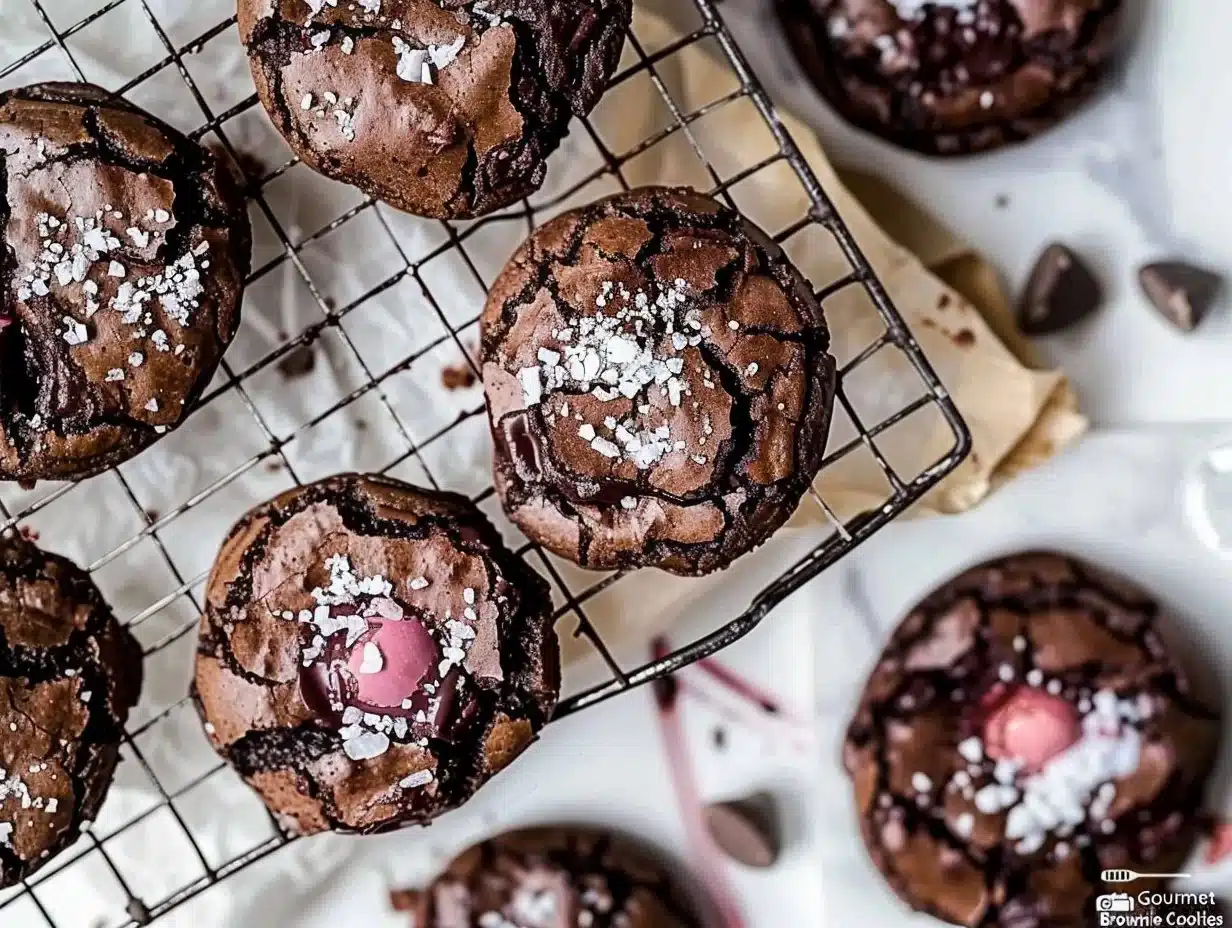 Gourmet brownie cookies with chocolate chunks, displayed on a rustic table.