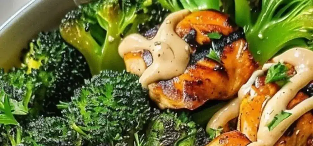 Grilled chicken and broccoli bowls topped with creamy garlic sauce