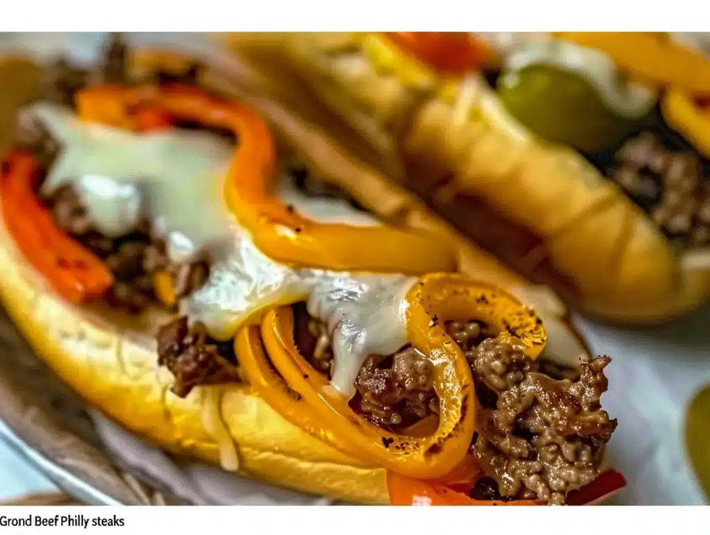 Ground Beef Philly Cheesesteak topped with cheese and peppers