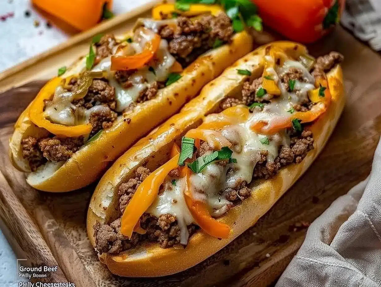Ground Beef Philly Cheesesteaks 1 Delicious Ground Beef Philly Cheesesteaks with melted cheese and toppings