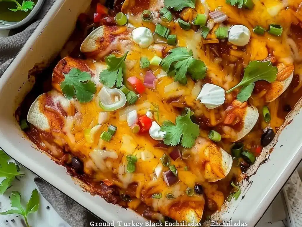 Delicious Ground Turkey Black Bean Enchiladas topped with avocado and cheese