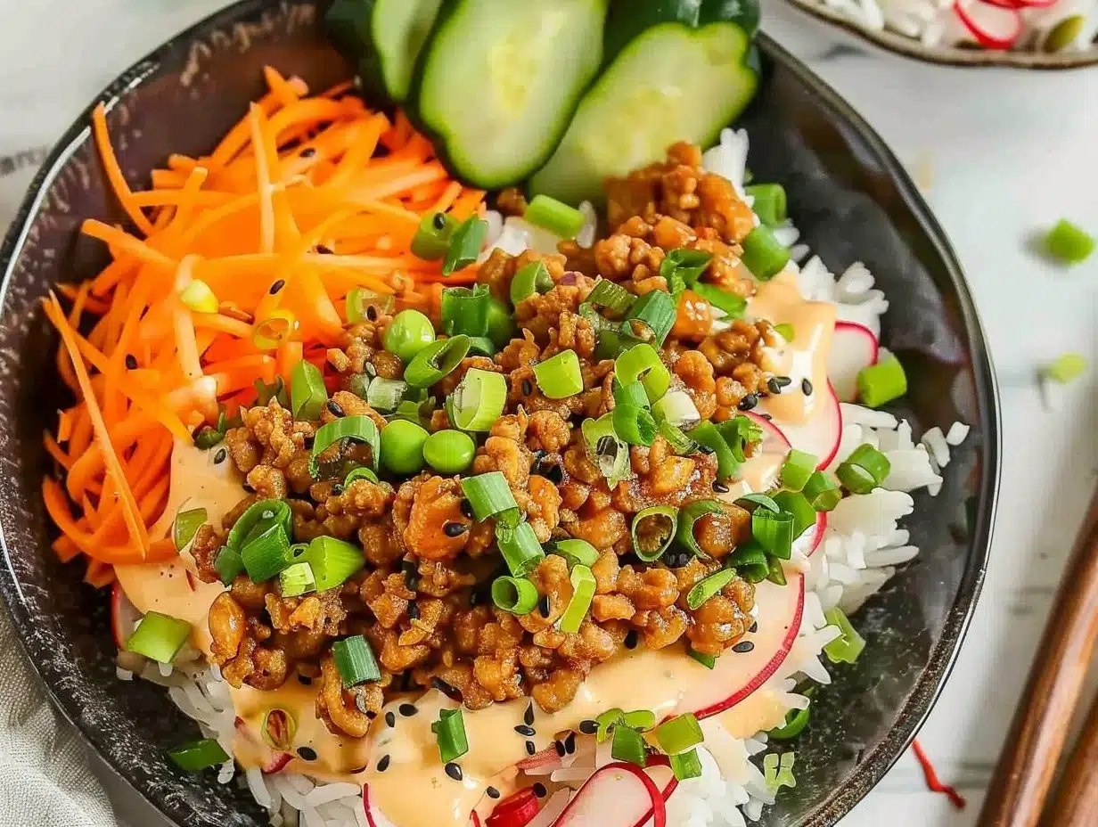 Healthy ground turkey rice bowls topped with fresh vegetables and sauce.