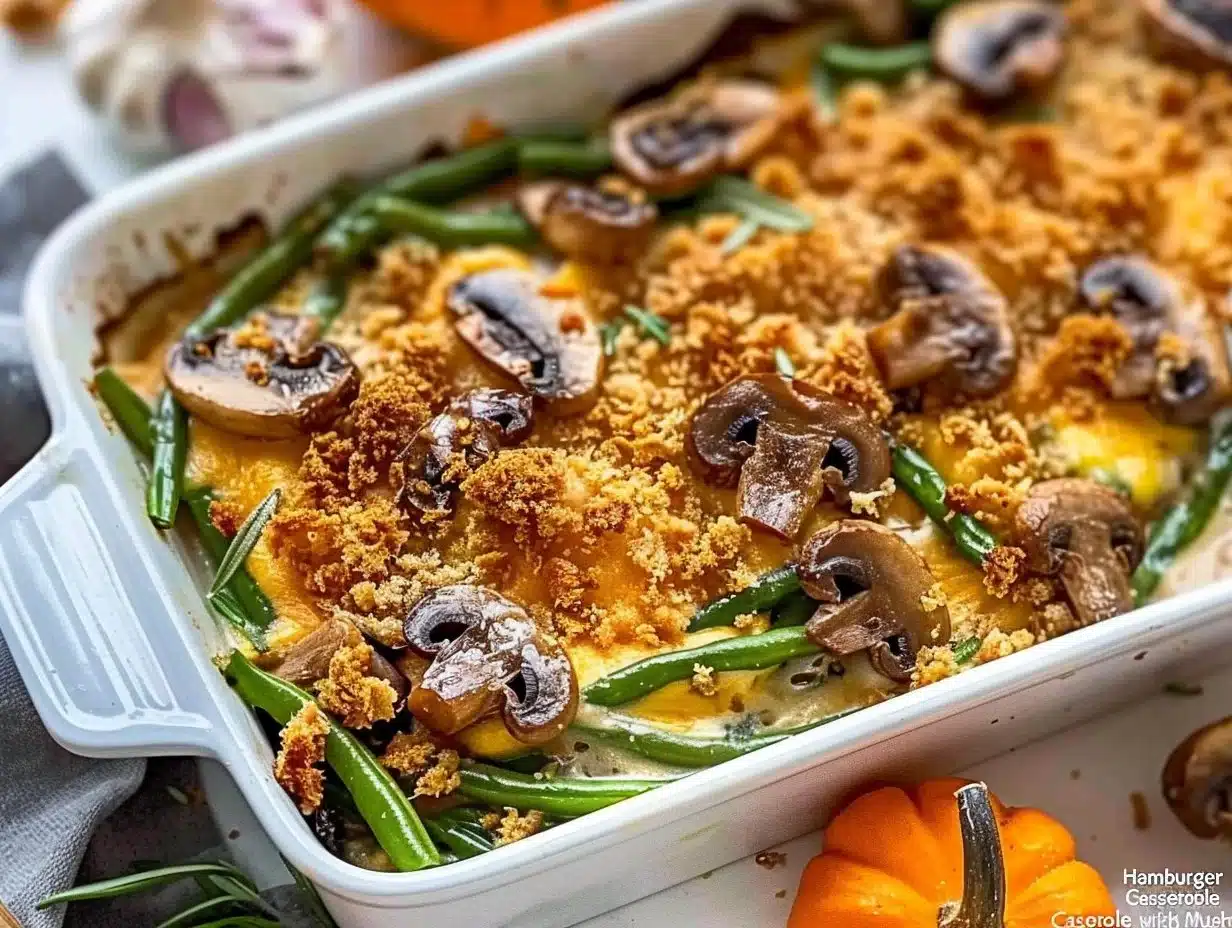 Hamburger Green Bean Casserole with Mushrooms in a baking dish