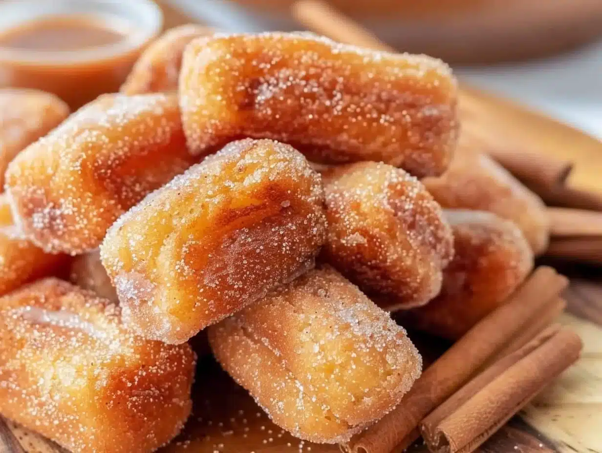 Healthy air fryer churro bites sprinkled with cinnamon and sugar on a plate.
