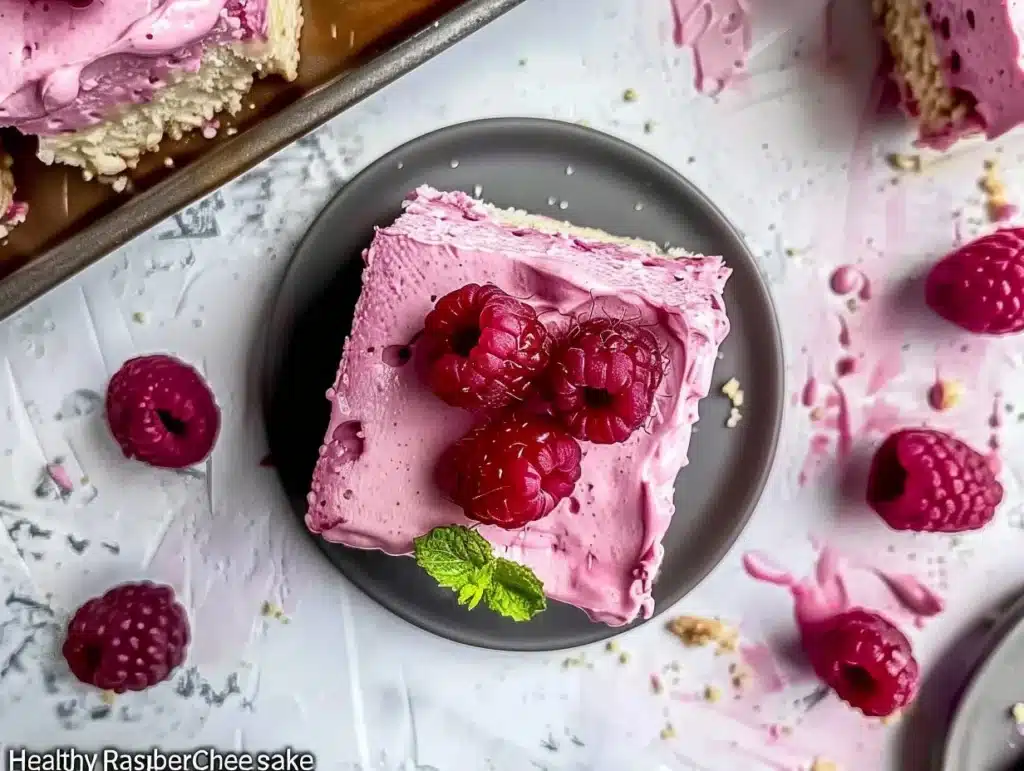 Delicious healthy raspberry cheesecake bars on a white plate