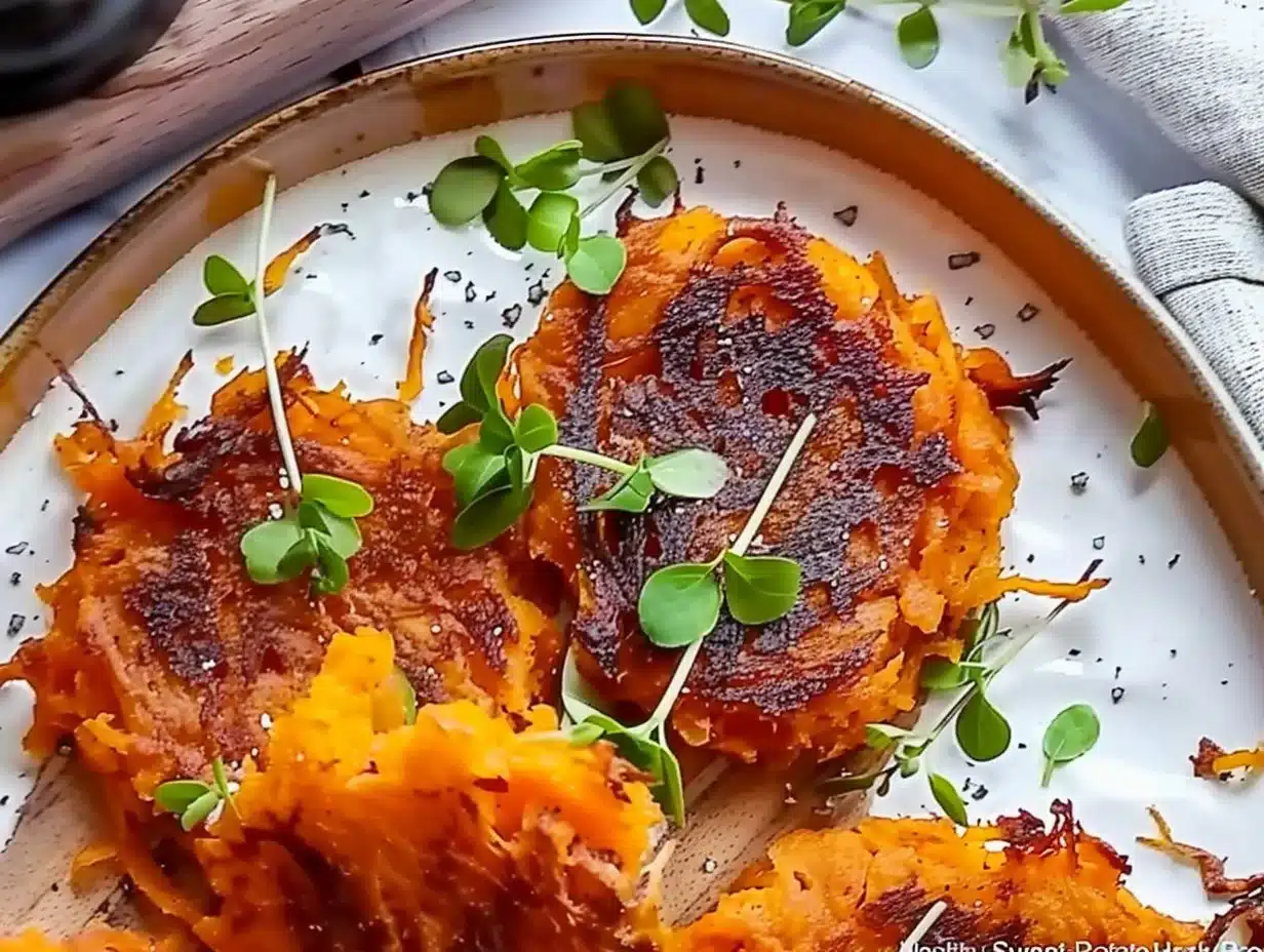 Healthy Sweet Potato Hash Browns 1 Healthy sweet potato hash browns cooked to golden perfection on a plate.