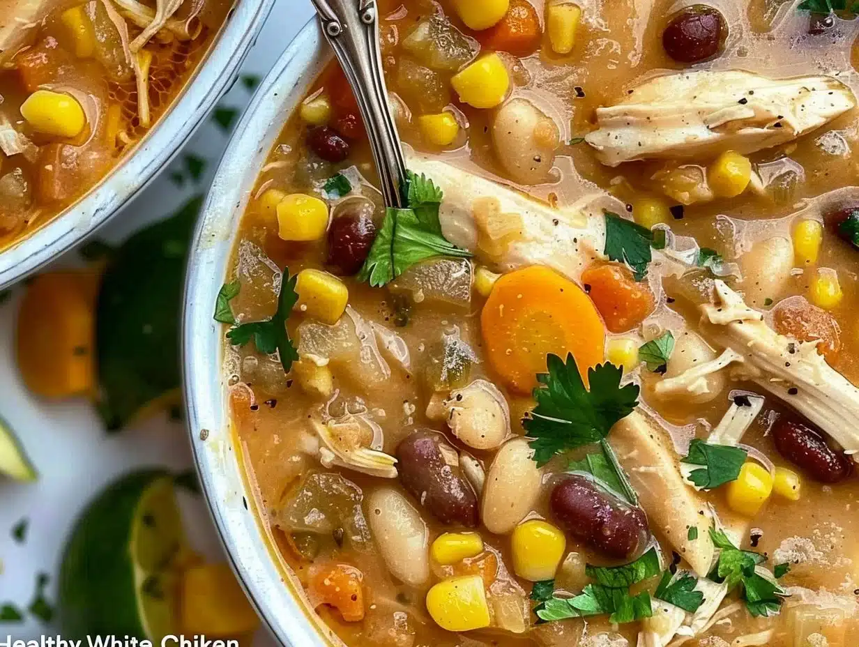 Healthy White Chicken Chili 1 Bowl of healthy white chicken chili with toppings