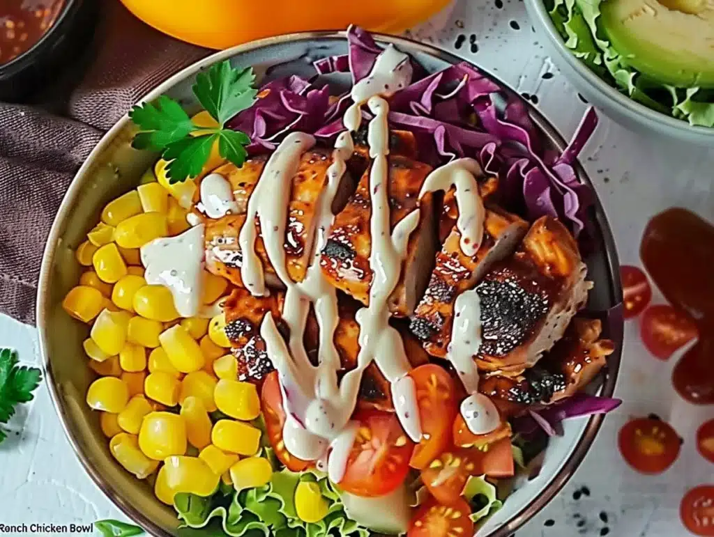 High Protein BBQ Ranch Chicken Bowl with fresh ingredients and flavorful sauce