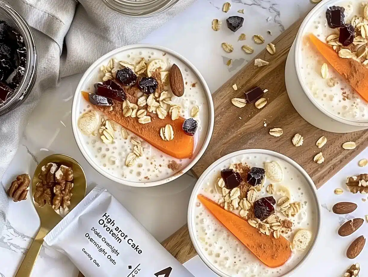High protein carrot cake overnight oats in a jar with toppings