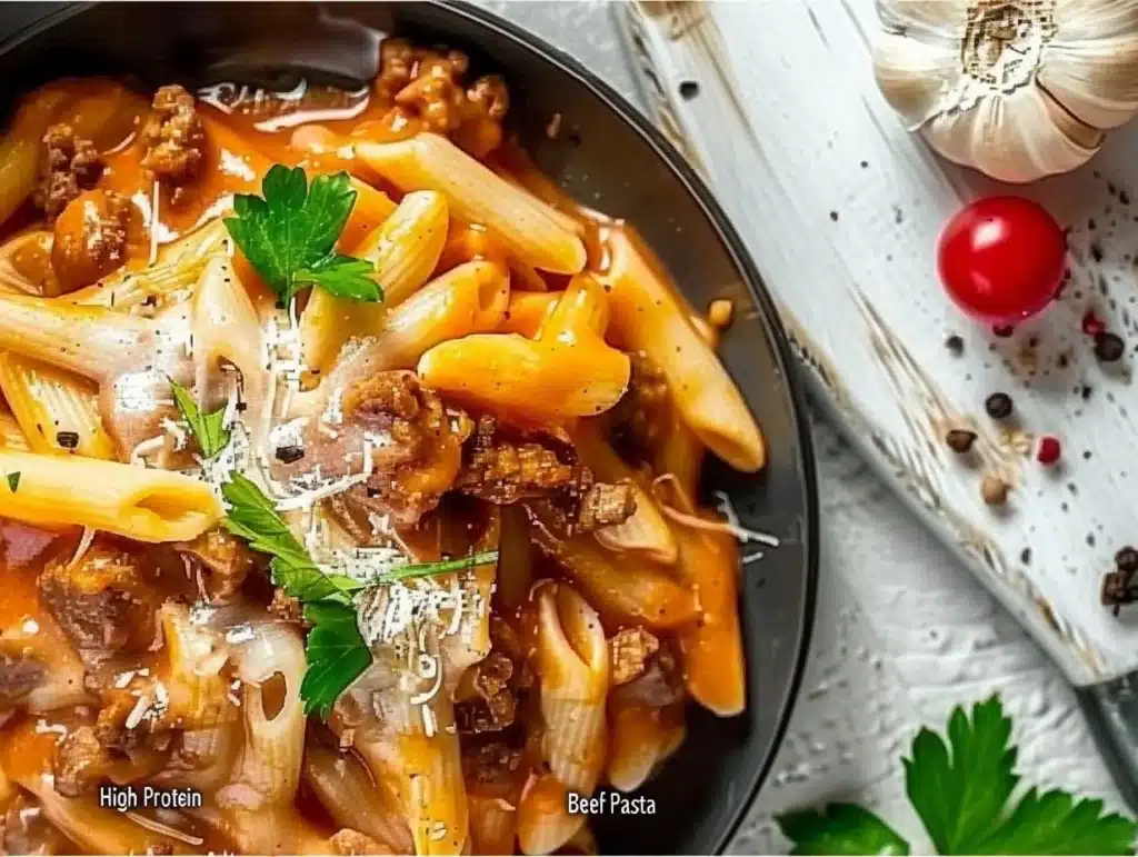 High protein creamy beef pasta dish with rich sauce and pasta
