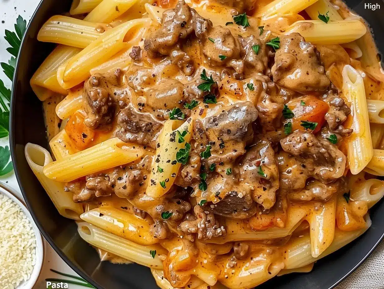 Creamy beef pasta dish with high protein content