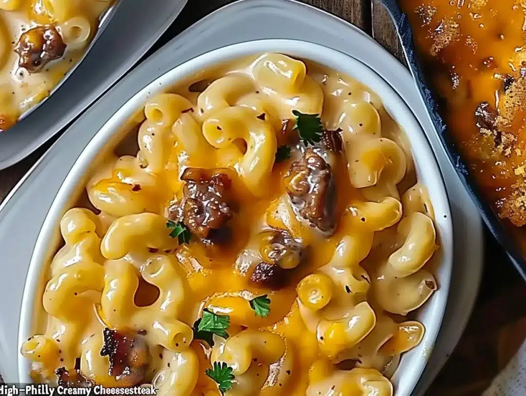 Creamy high-protein Philly cheesesteak mac and cheese in a bowl