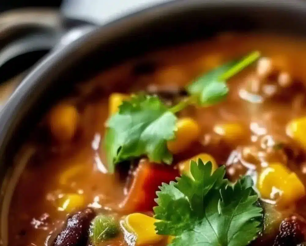 Delicious high protein creamy taco soup garnished with fresh herbs and cheese