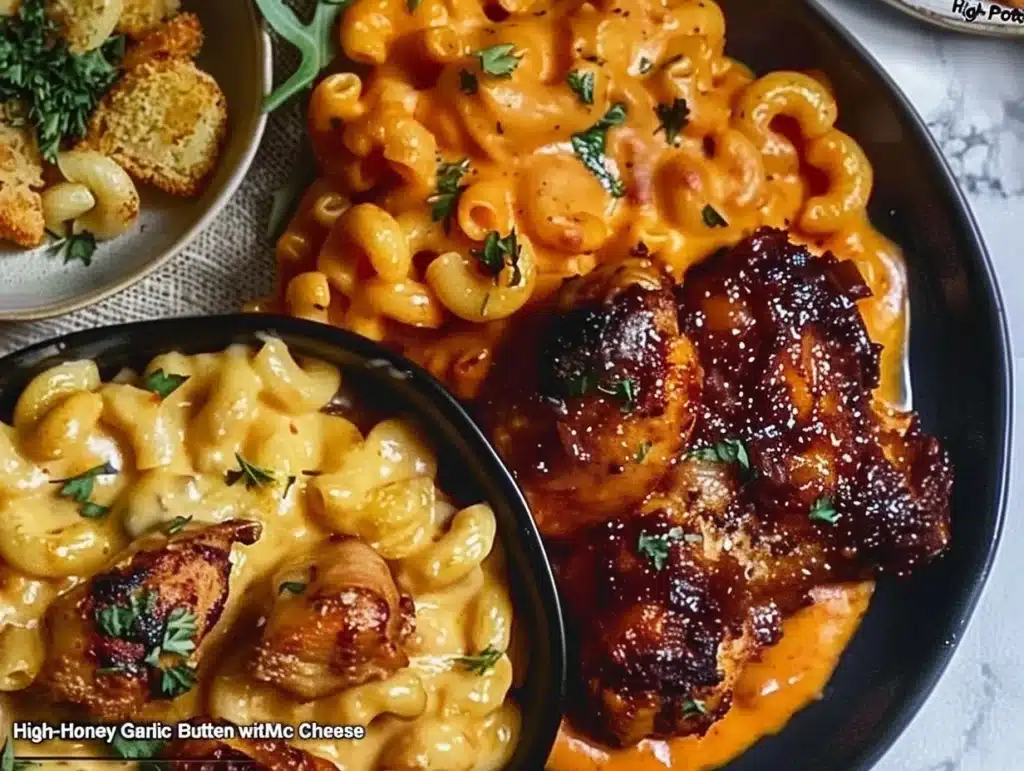 High-protein honey garlic butter chicken served with creamy mac and cheese