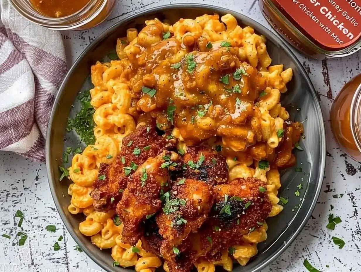 High-Protein Honey Garlic Butter Chicken with Mac & Cheese 1 High-protein honey garlic butter chicken served with mac and cheese for a delicious meal.