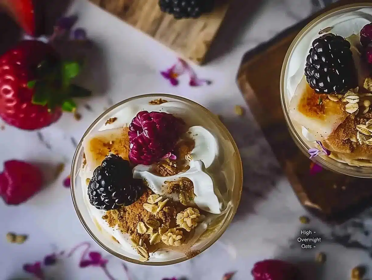 Bowl of high-protein overnight oats topped with berries and nuts