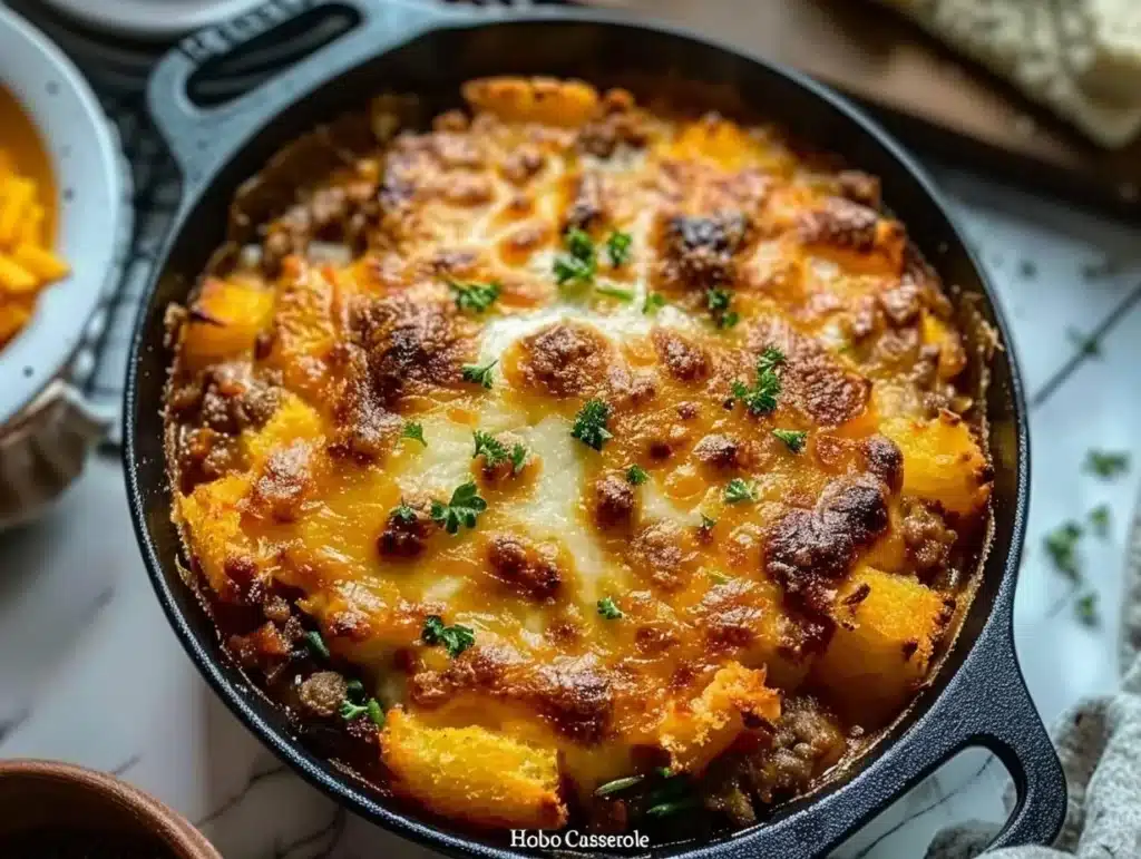 Delicious Hobo Casserole ready to serve in a baking dish.