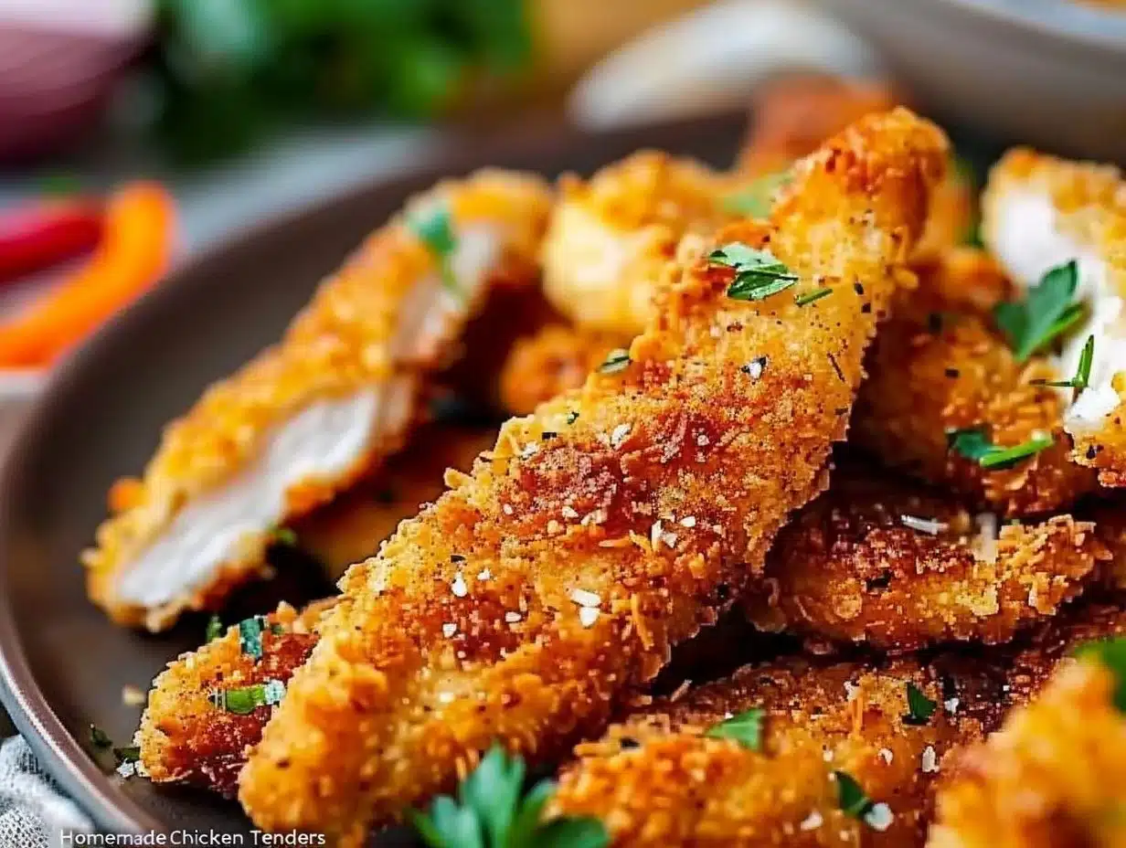 Crispy homemade baked chicken tenders served with dipping sauce
