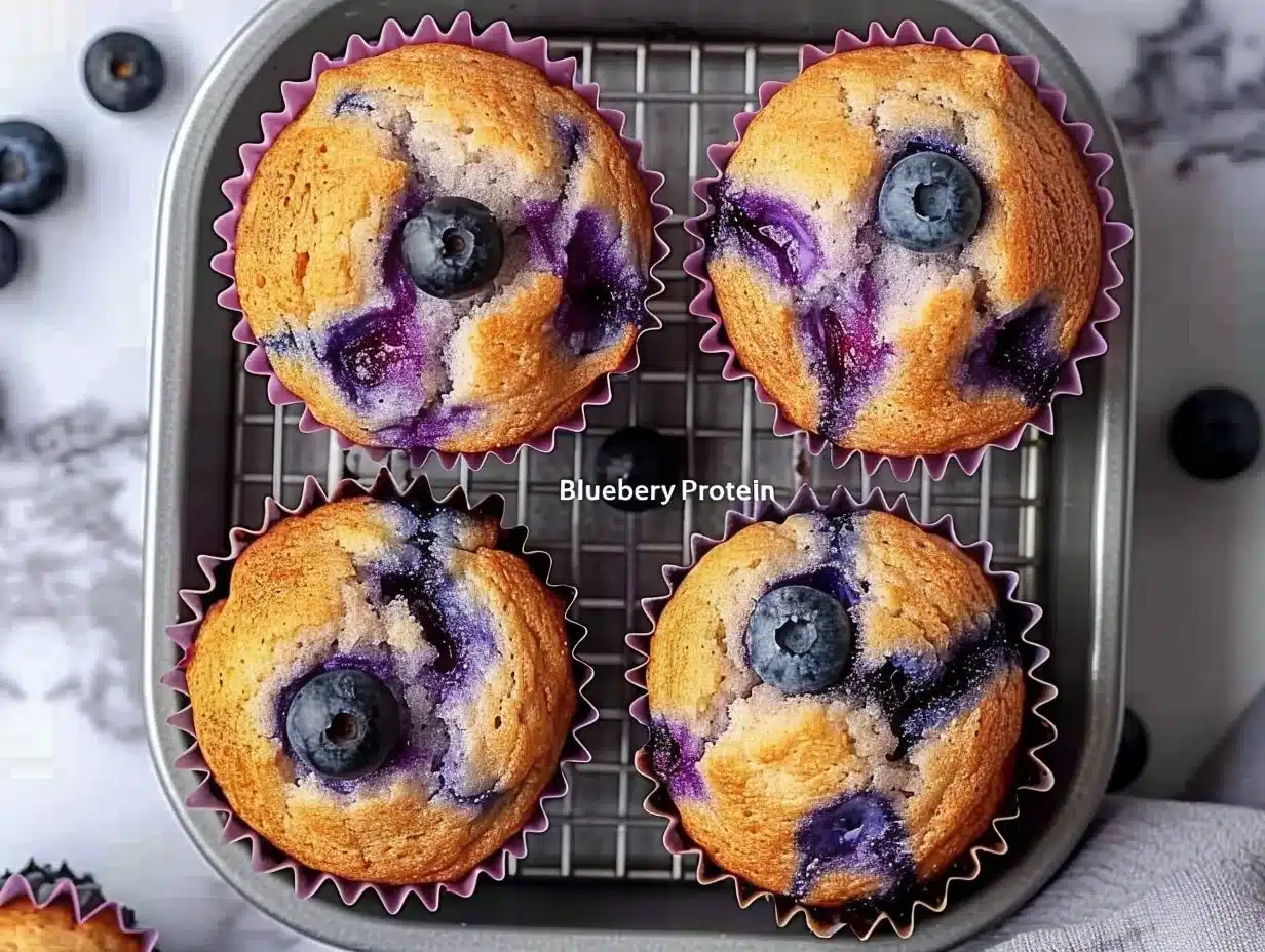 Homemade Blueberry Protein Muffins 1 Delicious homemade blueberry protein muffins on a bakery tray.