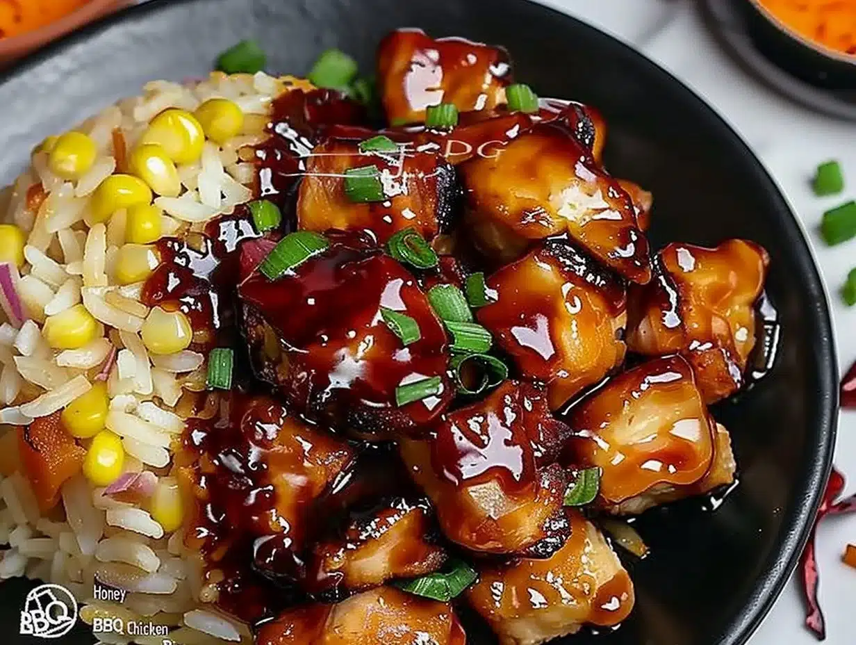 Honey BBQ Chicken Rice 1 Plate of Honey BBQ Chicken served on a bed of rice with vibrant garnishes.