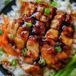 Plate of Honey BBQ Chicken served over a bed of rice with garnishes