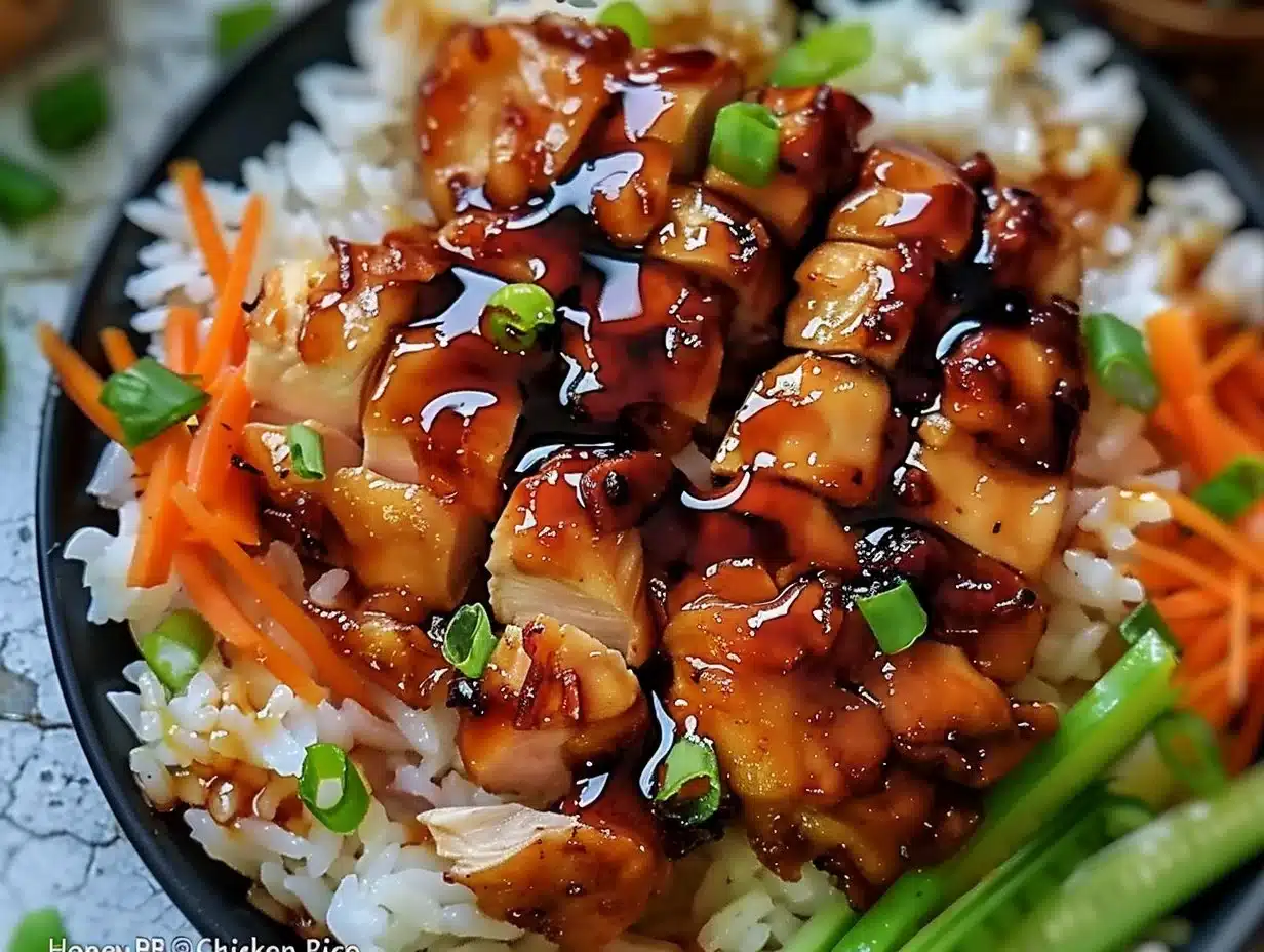 Plate of Honey BBQ Chicken served over a bed of rice with garnishes