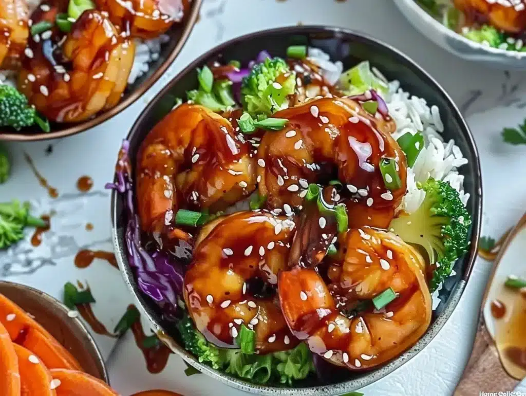 Honey Garlic Shrimp Bowl garnished with vegetables and rice