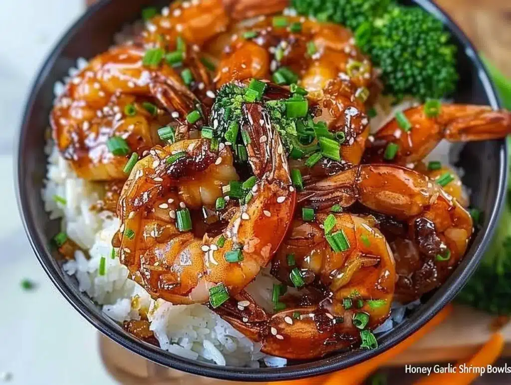 Delicious Honey Garlic Shrimp Bowl with vibrant vegetables and rice