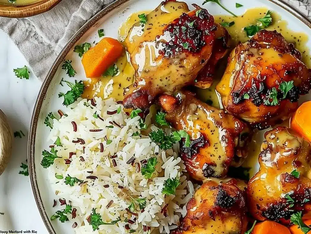 Plate of Honey Mustard Chicken with Rice garnished with herbs