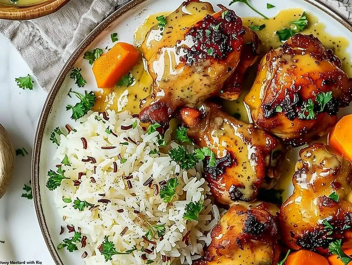 Plate of Honey Mustard Chicken with Rice garnished with herbs