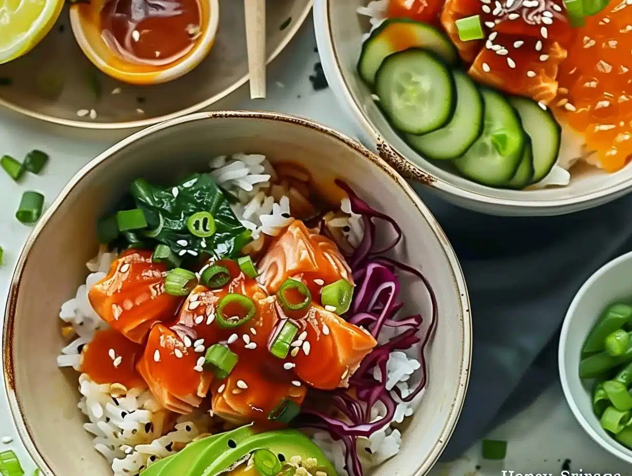 Honey Sriracha Salmon bowl with fresh vegetables and rice