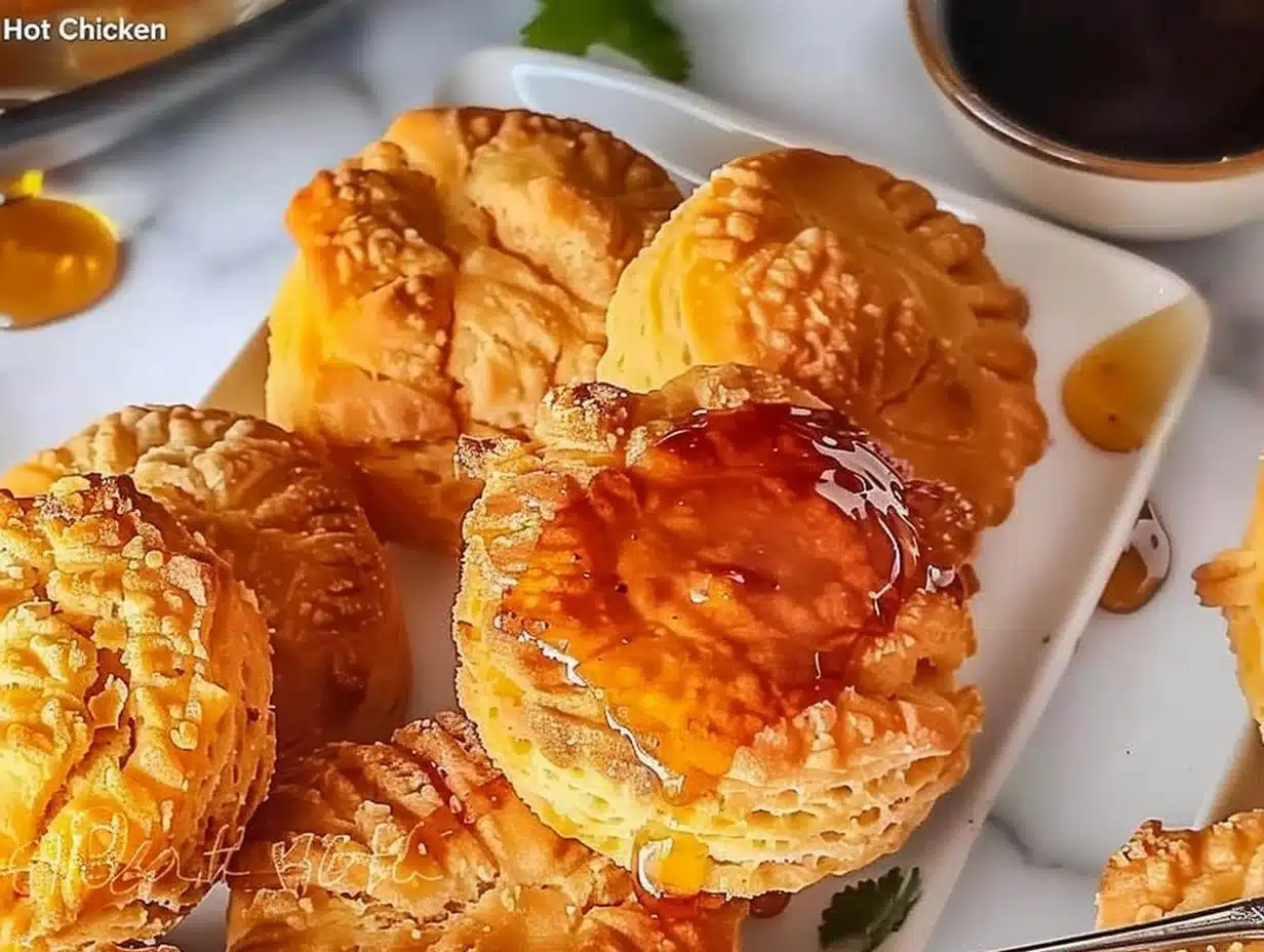 Delicious Hot Honey Chicken Biscuits fresh out of the oven, ready to serve.