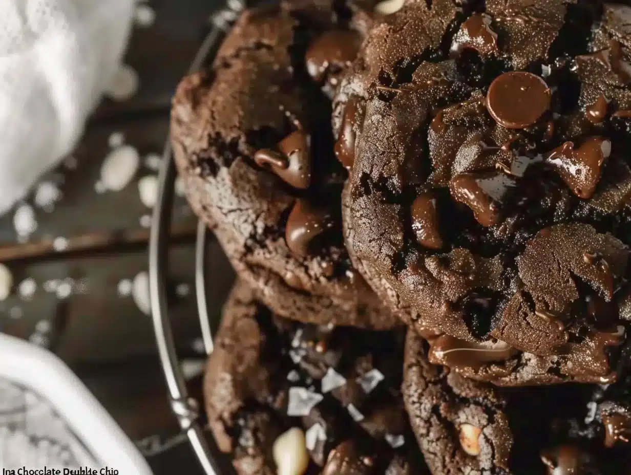 Delicious double chocolate chip cookies by Ina Garten on a baking tray.