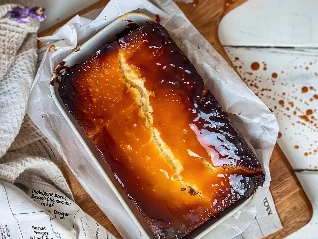 Indulgent burnt basque cheesecake baked in a loaf pan with caramelized top