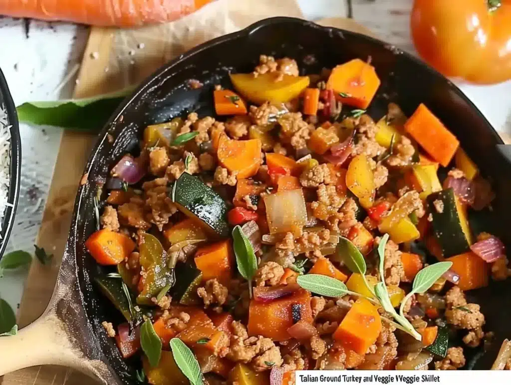 Italian ground turkey and veggie skillet dish served in a pan