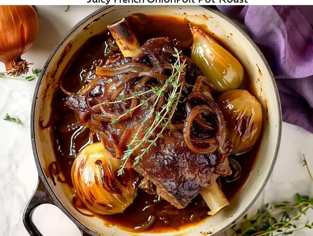 Delicious French Onion Pot Roast served with herbs and onions