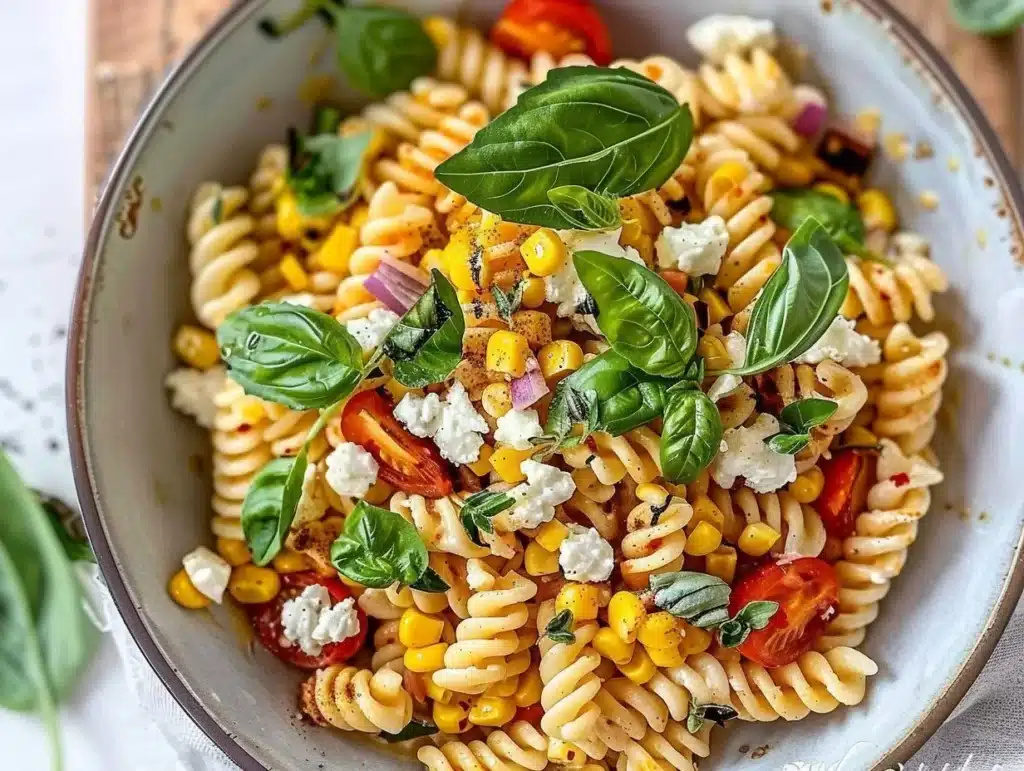 Juicy Street Corn Pasta Salad with fresh ingredients in a bowl