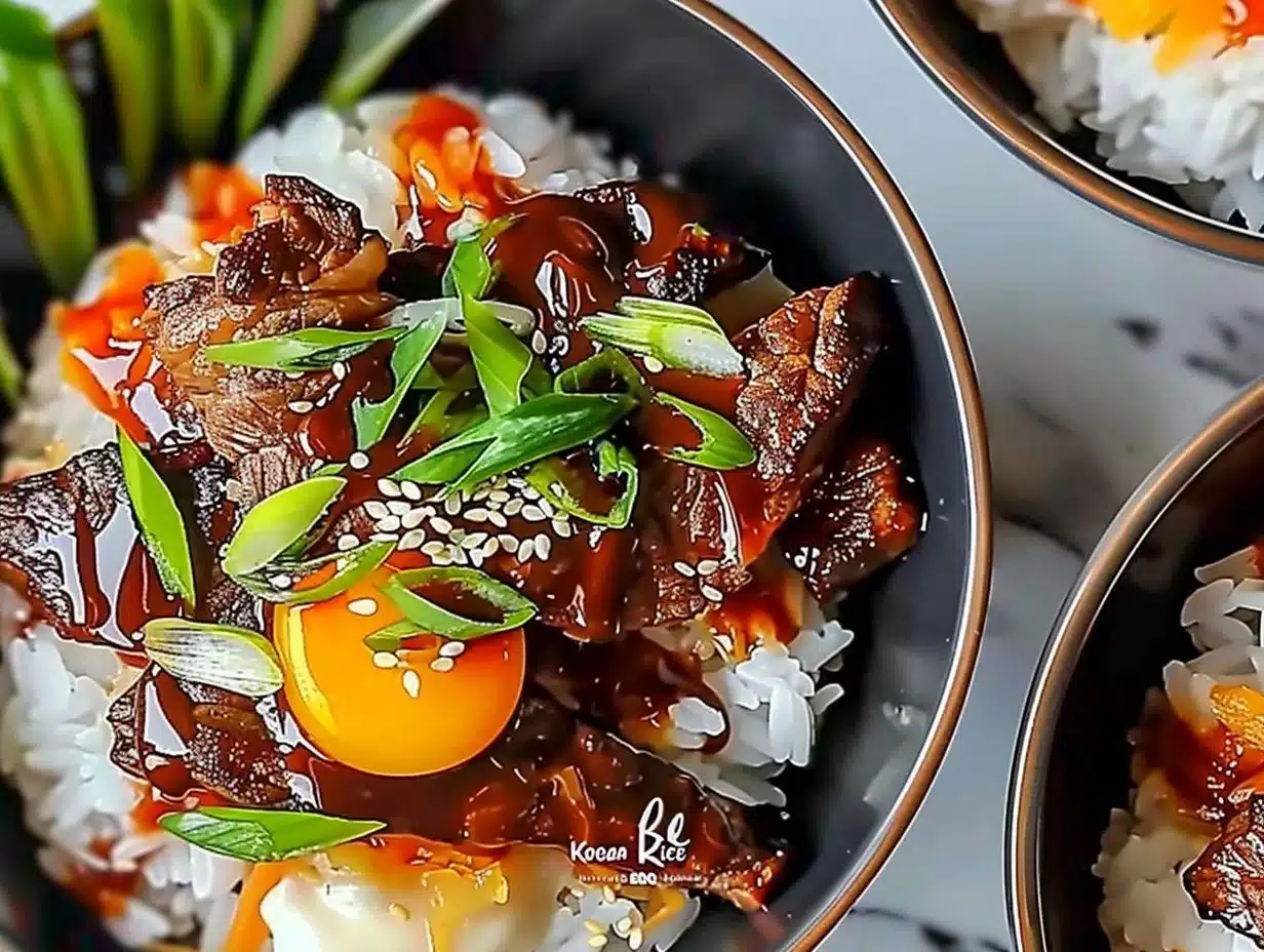 Korean BBQ Steak Rice Bowls 1 Korean BBQ Steak Rice Bowl topped with vegetables and sesame seeds