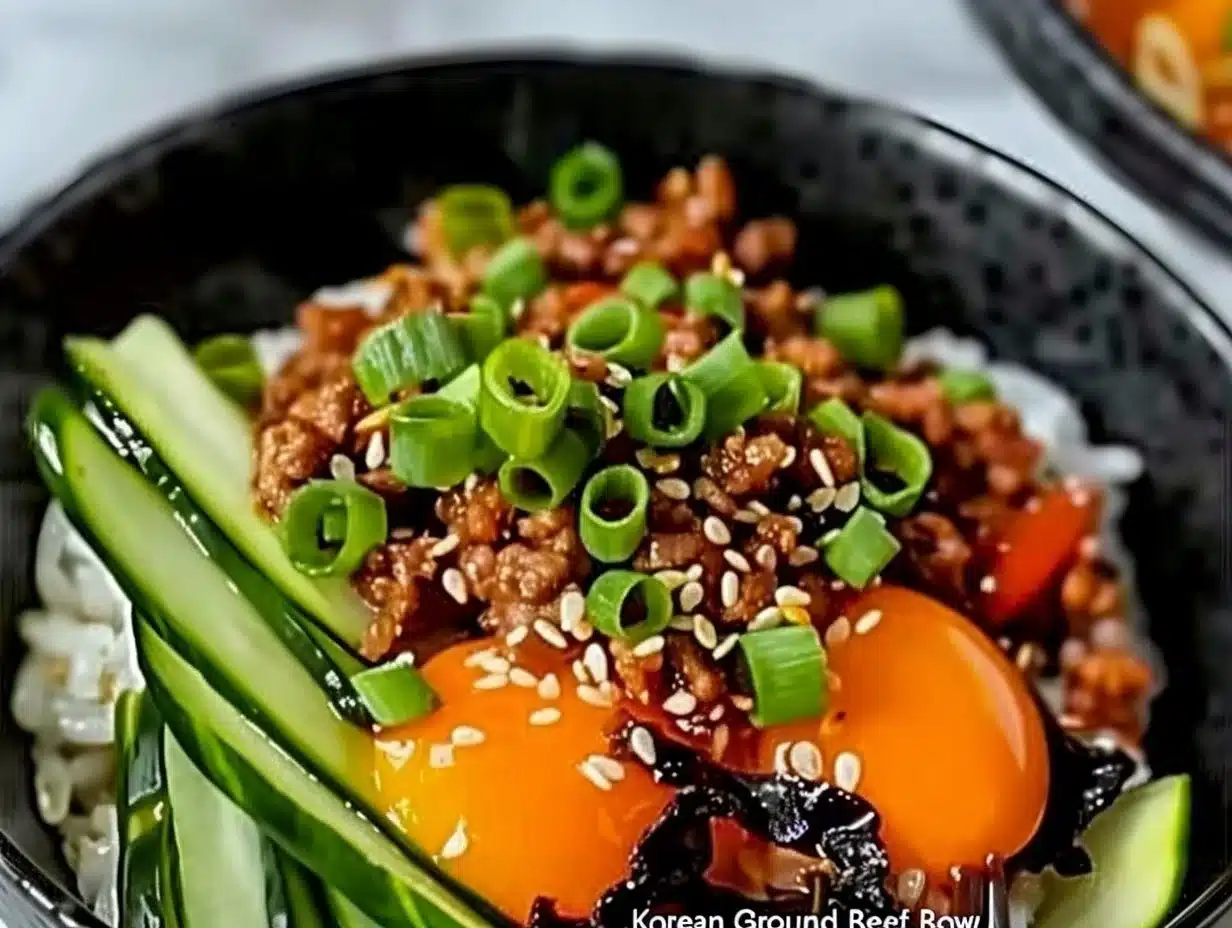 Korean Ground Beef Bowl topped with vegetables and sesame seeds
